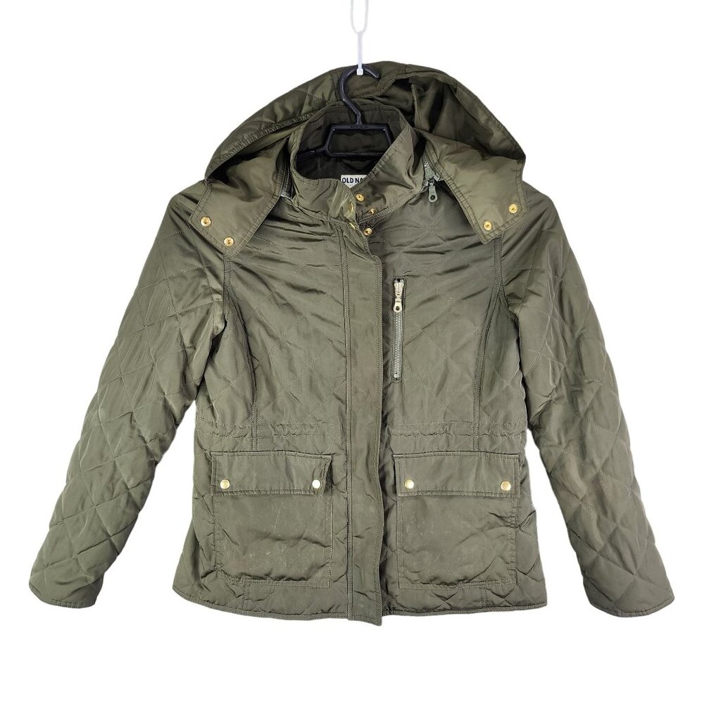 Womens Olive Green Old Navy Quilted Jacket Removable Hood Full Zip Size M
